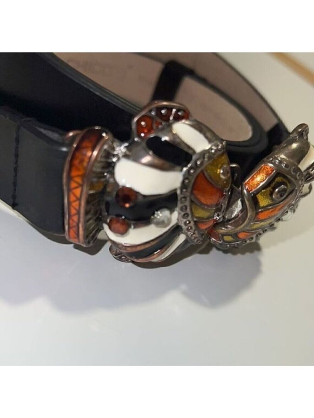 Chico’s Adjustable Leather Enameled Bling Fish Leather Belt Size S/M - Picture 9 of 10